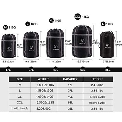 REDCAMP Sleeping Bag Stuff Sack, Black M, L, XL and XXL Compression Sack, Great for Backpacking and Camping - style: Black XL 40l