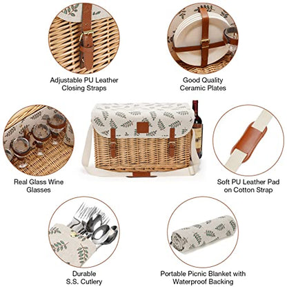 WILLOW WEAVE Picnic Basket with Table, Wine Picnic Basket Set 4, Wicker Picnic Basket for 4, Willow Hamper Service Gift Set with Blanket & Portable Wine Snack Table for Camping and Outdoor Party - size: L for 4P-Leaf