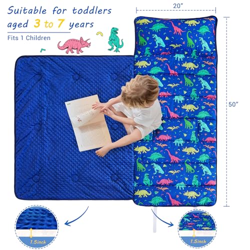 Lasoftan Toddler Nap Mat with Pillow and Blanket, Extra Large Rolled Napping Mats,Slumber Bags for Boys Girls,Kids Sleeping Bag for Daycare, Preschool Travel Camping - color: Blue Dinosaur
