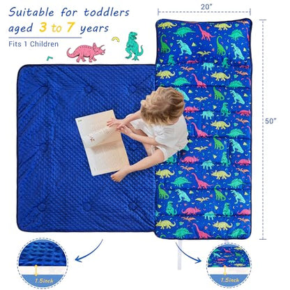 Lasoftan Toddler Nap Mat with Pillow and Blanket, Extra Large Rolled Napping Mats,Slumber Bags for Boys Girls,Kids Sleeping Bag for Daycare, Preschool Travel Camping - color: Blue Dinosaur