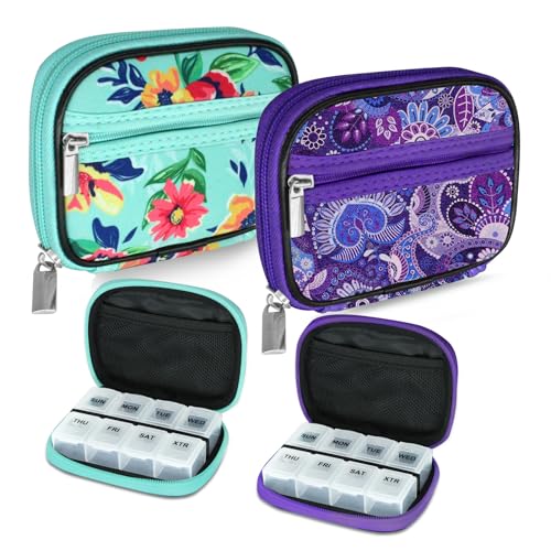 Serfeymi Weekly Travel Pill Organizer Pill Case for Purse with Removable 7 Day Pill Box, Fashionable Travel Medicine Organizer Pill Container for Medicine, Vitamin, Supplement - Green 01 + Purple 01 - color: C. Green 01 + Purple 01, size: 2 Cases + 2 Boxe
