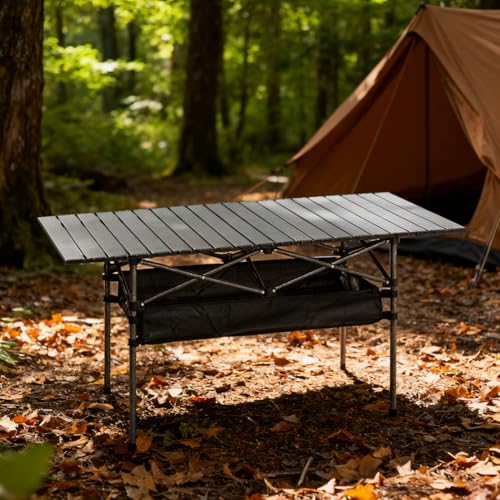 Outdoor Folding Table, 7.93LBS Ultralight Camping Table with Built-in Storage & Carry Bag, 225LBS Heavy Duty Aluminum Tabletop Carbon Steel Frame for Camping, Picnic, Beach, BBQ - color: Black