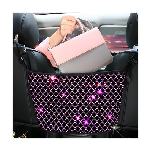 zipelo Bling Car Net Pocket Handbag Holder, Rhinestone Vehicle Backseat Purse Organizer Between Seats, Diamond Hanging Storage Bag Barrier of Pet Kids, Universal Automotive Accessories (Pink) - color: Pink