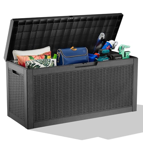 DRATO 70 Gallon Deck Boxes Outdoor Waterproof, Resin Large lockable Storage Box for Patio Furniture Side Table, Waterproof Storage Containers for Pool and Garden Accessories (70 Gallon, Black) - color: Black, size: 70 Gallon
