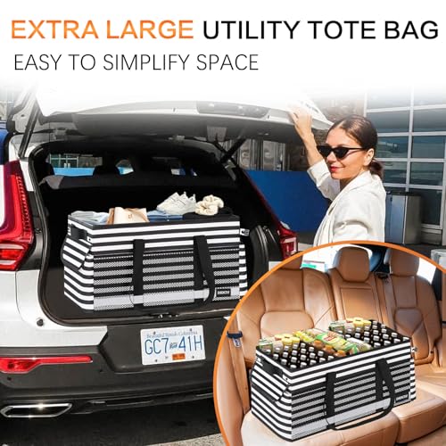Extra Large Utility Tote Bag with Reflective Strip, Standing Reusable Grocery Bags with Hard Bottom, Collapsible Utility Tote with Handles for Shopping, Beach, Picnics, Car, Striped Black - color: Striped Black