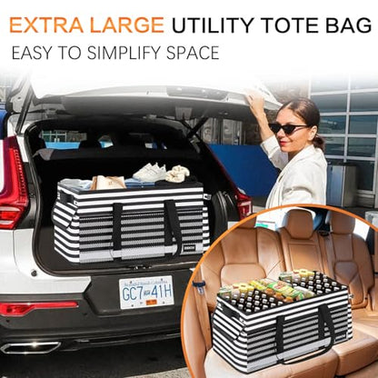 Extra Large Utility Tote Bag with Reflective Strip, Standing Reusable Grocery Bags with Hard Bottom, Collapsible Utility Tote with Handles for Shopping, Beach, Picnics, Car, Striped Black - color: Striped Black