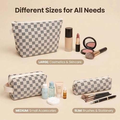 3 Pcs Canvas Makeup Bag Set Checkered Cosmetic Pouch for Women Travel Toiletry Bag Cute Makeup Organizer Purse Pouch Preppy Pencil Case with Zipper (Checkered Black) - color: Checkered Black