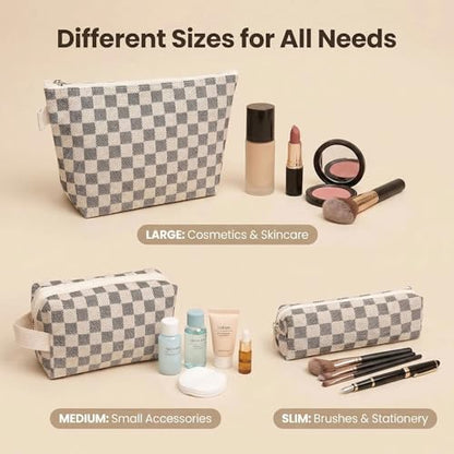 3 Pcs Canvas Makeup Bag Set Checkered Cosmetic Pouch for Women Travel Toiletry Bag Cute Makeup Organizer Purse Pouch Preppy Pencil Case with Zipper (Checkered Black) - color: Checkered Black