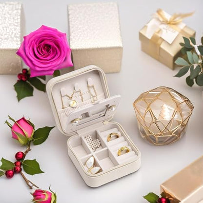 Vlando Small Travel Jewelry Box Organizer - Mirrored Carry-on Jewelries Necklaces Rings Earrings Necklace Storage Case, Beige - color: a. Beige