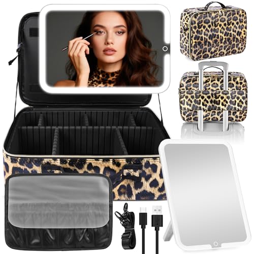 15''X11'' Makeup Bag with Removeable Lighted Mirror, Travel Makeup Case with 3 Color Lights Dimmable Brightness, Large Capacity Cosmetic Organizer Case with Detachable Dividers & Shoulder Strap - color: Leopard, style: Removable Mirror