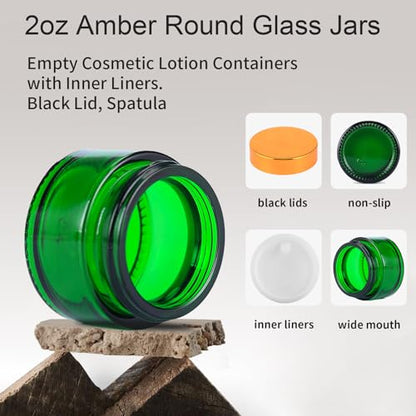 OverNews 4PCS 2oz Glass Jar Travel Size, Empty Cosmetic Lotion Container with Black Lid & Spatula, Small Mini Jar for Beauty (Green) - color: Green, size: 4
