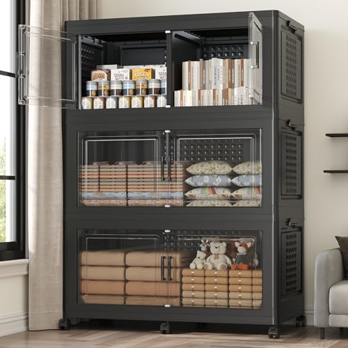 120GAL Extra Large Storage Bins with Lid, 480Qt Stackable Closet Organizers and Drawers, Collapsible Storage Bins with Wheels, Folding Containers for Home, Kitchen Office, 3Pack Black - color: Black, size: 40Gal-3Pack