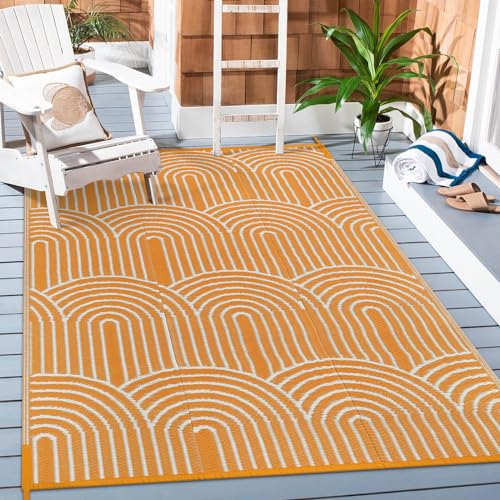 Lahome Outdoor Rugs 6x9 Patio Waterproof, Plastic Straw Rug Reversible RV Mat, Large Portable Outside Camping Carpet for Porch Floor Balcony Deck Tent Fall(Rainbow Orange, 6'x9') - color: Orange-rainbow, size: 6' x 9' (Rectangular)