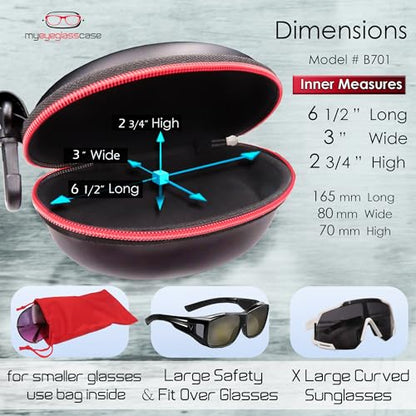 MyEyeglassCase Sports Sunglasses Case and Slim wallet Semi hard large glasses case w/belt clip soft pouch & cloth - color: B701 XL Black/Red