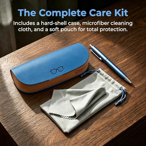 Glasses Case hard shell,3-in-1 Sunglasses Case & Eyeglass Case with Cleaning Cloth & Storage Pouch - color: Blue