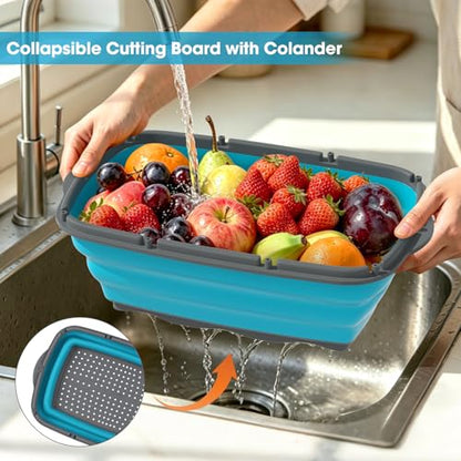 Gintan Collapsible Camping Cutting Board, 9-in-1 Chopping Board with Colander, Kitchen Vegetable Washing Basket for Camping, Camping Gifts Camping Accessories for RV Campers (Blue+Grey) - color: Blue Gray