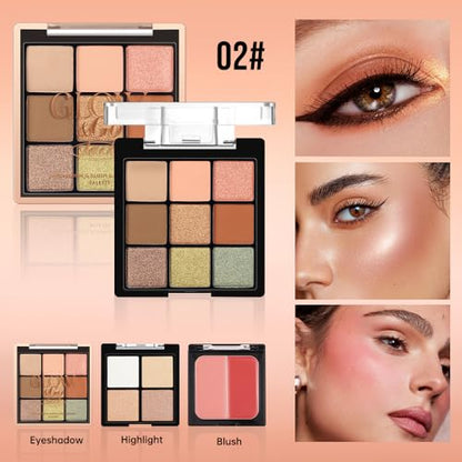 All-in-One Makeup Palette – 9 Color Matte & Pearlescent Eyeshadow, 4 Color Shimmer Highlighter, 2 Color Buildable Blush – Long Lasting, Blendable Face & Eye Makeup Kit (02#, 1 Count (Pack of 1)) - color: K02