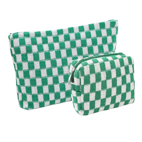 2 Pieces Makeup Bag Set, Small Checkered Cosmetic Bag Travel Toiletry Organizer Mini Green Cosmetic Pouch Case Makeup Brushes Quilted Aesthetic Accessories Storage Bag for Women (Large+Mini Green) - color: Large+Mini Green