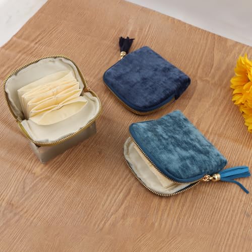 Small Travel Jewelry Case,Velvet Pouch with Tassel Zipper,5-Layer Velvet Portable Jewelry Roll Pouch for Earrings Rings Bracelets,Travel Jewelr y Organizer,Gift for Women(Dark Blue)
