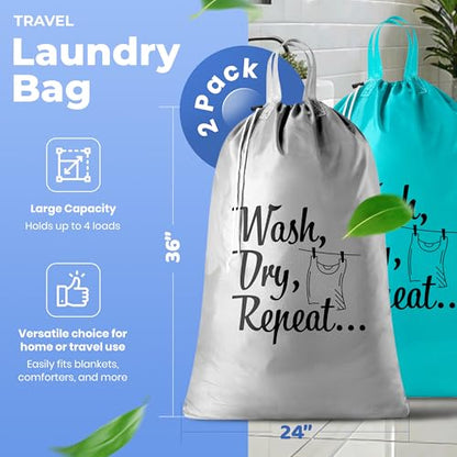 Extra Large Travel Laundry Bag - 2-Pack Fun Print Design Bags for Dirty Clothes - Durable Water-Resistant Fabric - Sturdy Drawstring Closure (Teal-Grey | Wash Dry Repeat) - color: Teal-grey | Wash Dry Repeat