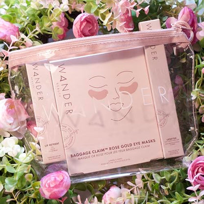 Wander Beauty Love at First Flight Bundle, Makeup Set with Rose Gold Eye Masks, Lip gloss, Lipsetter Dual Lipstick and Liner, Travel Bag