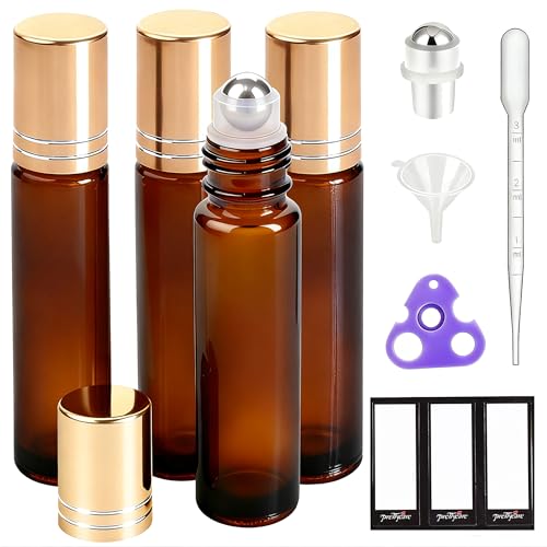 PrettyCare 4 Pack Amber Glass Oil Roller Bottles for Essential Oils 10ml, Roll On Bottles with Stainless Steel Roller Ball Leak-Proof Perfume Travel Refillable Bottle Empty, Beauty & Personal Care - color: Amber with Golden Cap, size: 4 Pack