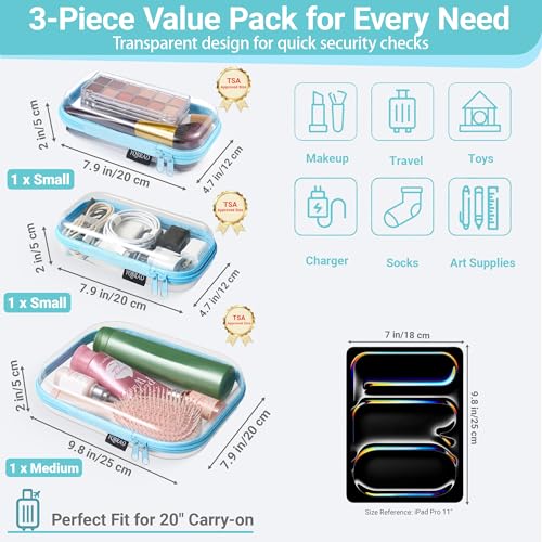 6 Pack Blue Clear Hard Shell Beauty Organizer (2M+4S), 1.2mm Heavy Duty Crush-Proof Cosmetic Case, Reinforced YKK Zippers, Stadium Approved Security Bag for Skincare & Electronics, Multi-Size Set - color: Blue, size: 6 Pack (2M+4S)