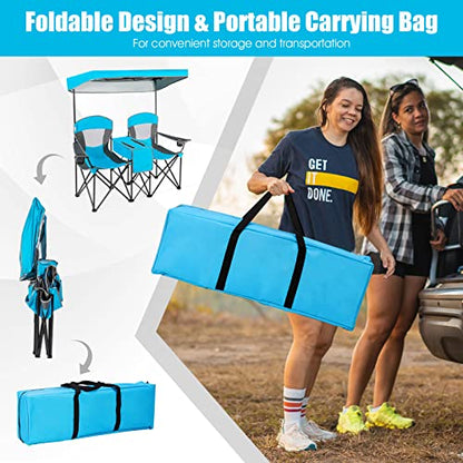 S AFSTAR Double Camping Chair w/Shade Canopy, 2-Person Folding Camp and Beach Chair with Mini Table Beverage Cup Holder Carrying Bag, Collapsible Camping Chairs for Garden Patio Pool Beach - color: Blue
