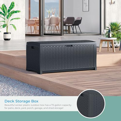Suncast Outdoor Storage Box - 73 Gallon Cyberspace Resin Wicker Deck Box with Lockable Lid, Outdoor Storage Bin for Patio Cushions, Shoes, Pool & Garden Gear, Made in USA - style: Deck Box (Cyberspace)