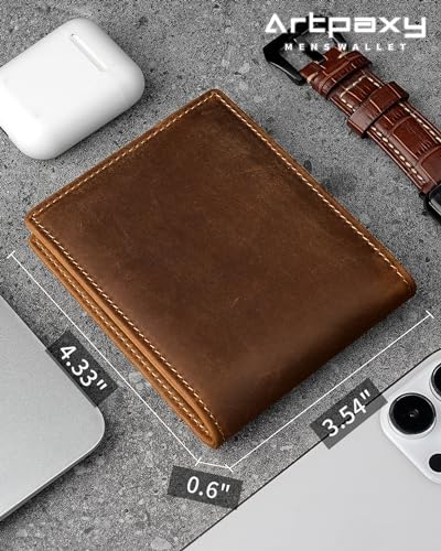 Artpaxy Mens Wallet Genuine Leather Bifold RFID Blocking Wallet for Men with 1 ID Window 13 Card Holders 2 cash pockets 1 Gift Box - color: Coffee Brown