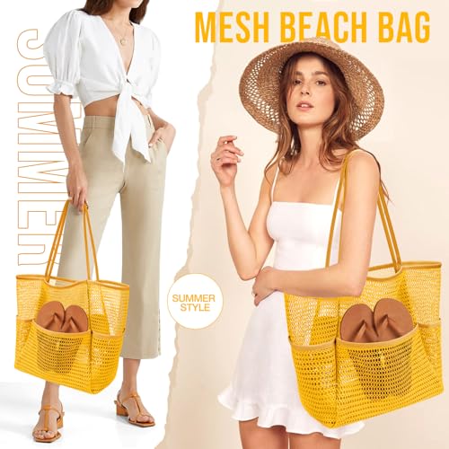 KPX Beach Bag with Mini Pocket, Summer Beach Tote Bags for Women Large Foldable Mesh Swimming Pool Travel Bags - Sandproof - color: Orange
