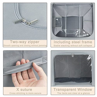 Clothes Storage Box Bins Stackable Foldable Organizer,Sturdy Handles with Metal Frame for Clothing Bedding Shelves,Closet Container with Clear Window Zipper and Label Holder (Gray, 66L x3 Pack) - color: Gray, 66L x3 Pack