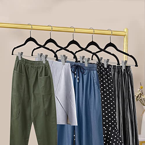 Quality Plastic 20-Pack - Non Velvet Non-Flocked Thin Compact Coat Hangers with Metal Clips for Skirts Pants Blouses - 360° Swivel Hook (Black, 20) - color: Black