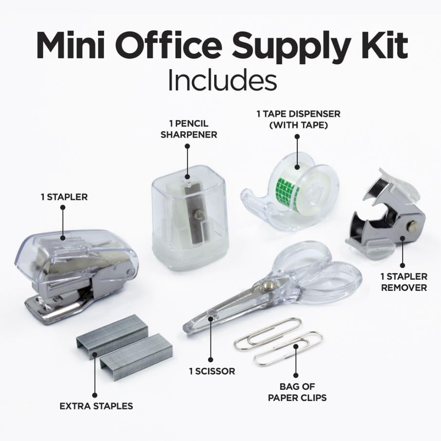 LD Products Clear Mini Office Supply Kit Portable Case with Scissors, Paper Clips, Tape Dispenser, Pencil Sharpener, Stapler & Staple Remover - color: Clear