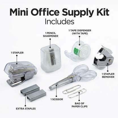 LD Products Clear Mini Office Supply Kit Portable Case with Scissors, Paper Clips, Tape Dispenser, Pencil Sharpener, Stapler & Staple Remover - color: Clear