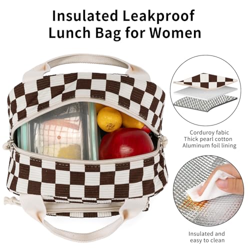 Lunch Bag Women Lunch Box for Women Adult Cute Insulated Lunch Bag Small Cooler Lunch Tote Bags for Work Picnic School (Coffee-White Plaid) - color: Coffee-White Plaid