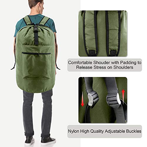 BeeGreen Moss Green Laundry Backpack Bag w Adjustable Shoulder Straps String Closure College Dorm Room Essentials Sturdy Laundry Hamper Portable w Handle XLarge Ripstop for Traveling - color: Moss Green, style: With Front Zipper Pocket