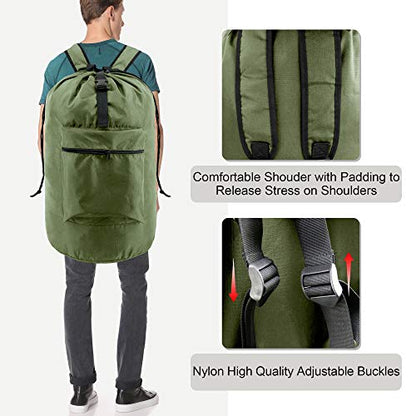 BeeGreen Moss Green Laundry Backpack Bag w Adjustable Shoulder Straps String Closure College Dorm Room Essentials Sturdy Laundry Hamper Portable w Handle XLarge Ripstop for Traveling - color: Moss Green, style: With Front Zipper Pocket