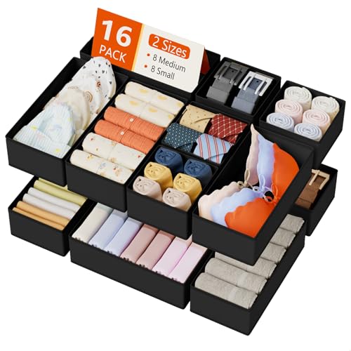 DIMJ Drawer Organizers Clothes, Set of 16 Dresser Organizer Bins, Fabric Closet Organizers and Storage, Shallow Drawer Dividers for Nursery, Clothing, Baby Clothes, Socks, Underwears, Tie (Black) - color: Black, size: 16 Pack