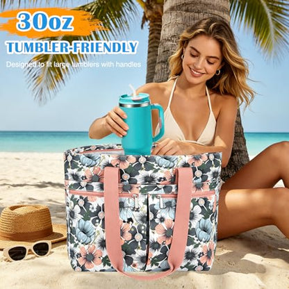 HUANLANG Large Beach Bags for Women Pool Bag with Zipper, Waterproof Sandproof Beach Tote Travel Bag with Wet Pocket - color: Gray-pink Flower
