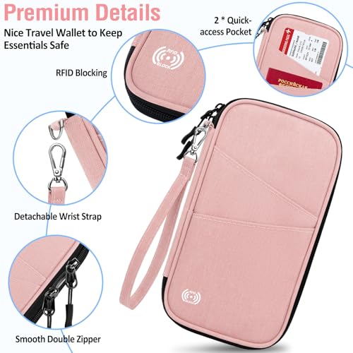 BKNOOU Family Passport Holder RFID Blocking Travel Document Organizer | Large Capacity (5 passports+13 cards), RFID Blocking, Air Travel Essentials, Detachable Wrist Strap and Shoulder Strap - color: 07 Pink