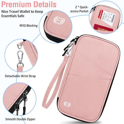 BKNOOU Family Passport Holder RFID Blocking Travel Document Organizer | Large Capacity (5 passports+13 cards), RFID Blocking, Air Travel Essentials, Detachable Wrist Strap and Shoulder Strap - color: 07 Pink