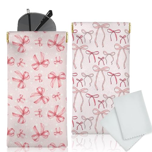 Glasses Case Soft, Eyeglass Cases for Women Portable Squeeze Top PU Leather 2 Pack Glasses Pouch with Cleaning Cloth - color: 2pcs Pink Bow