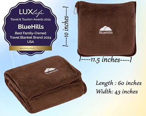 BlueHills Premium Soft Travel Blanket Pillow Airplane Blanket Soft Bag Pillow case with Hand Luggage Belt and Backpack Clip Compact Pack Large Portable Throw Air Plane Flight Travel (Brown T009) - color: Brown-1pk-t009
