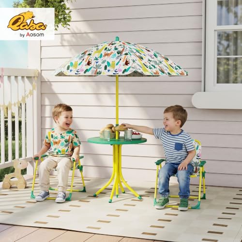 Qaba Kids Picnic Table and Chair Set, Outdoor Activity Table with Foldable Chairs, Removable Umbrella, Monkey and Giraffe Pattern Toddler Patio Furniture for Backyard, Garden, Green
