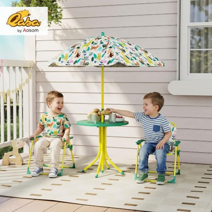Qaba Kids Picnic Table and Chair Set, Outdoor Activity Table with Foldable Chairs, Removable Umbrella, Monkey and Giraffe Pattern Toddler Patio Furniture for Backyard, Garden, Green
