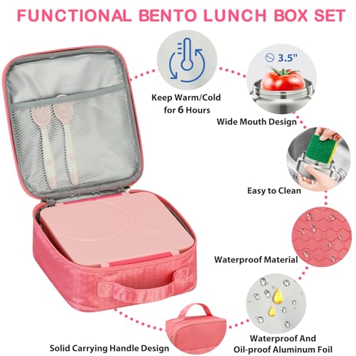 Bento Lunch Box Set for Kids with 8oz Soup Thermo, Leak-Proof Lunch Containers with 4 Compartment, Kids Thermo Hot Food Jar and Insulated Lunch Bag for Kid to School-Pink - color: Pink
