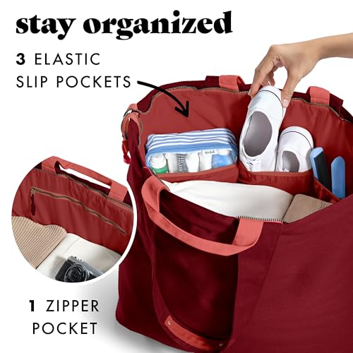 Fit & Fresh XL Beach Tote Bag for Women – XL Travel Tote with Zipper & Pockets, Oversized Canvas Pool Bag, Weekender Carry-On - color: Cranberry
