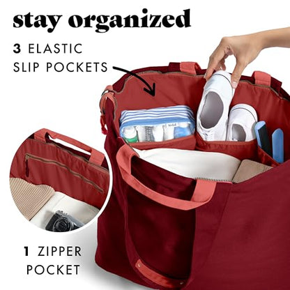 Fit & Fresh XL Beach Tote Bag for Women – XL Travel Tote with Zipper & Pockets, Oversized Canvas Pool Bag, Weekender Carry-On - color: Cranberry