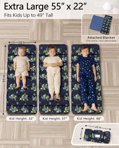 Primlect Thickened Toddler Nap Mat with Removable Pillow and Minky Blanket, Extra Large 55''x35'' Sleeping Bag, Washable, Roll up, Perfect for Daycare, Preschool, Kindergarten, Boys and Girls - color: Blue Traffic Upgraded